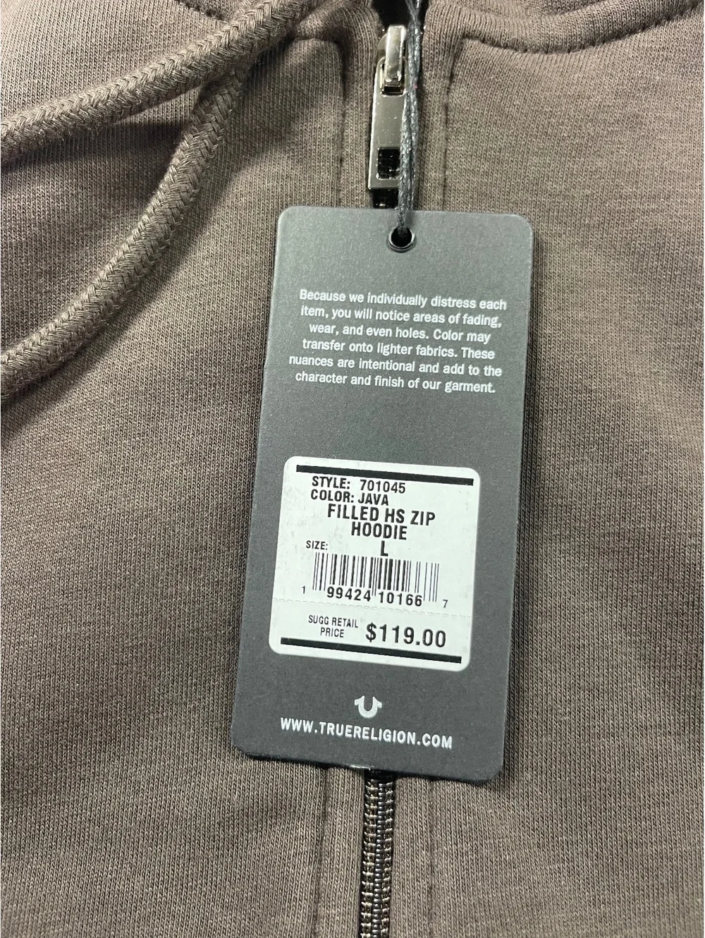 True Religion Filled HS Zip Hoodie Java Brown Large